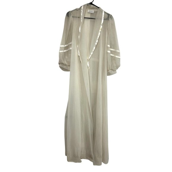 Vintage Miss Elaine Sheer Nylon Robe With Satin Trim Sheer Puff Sleeves - Picture 1 of 10